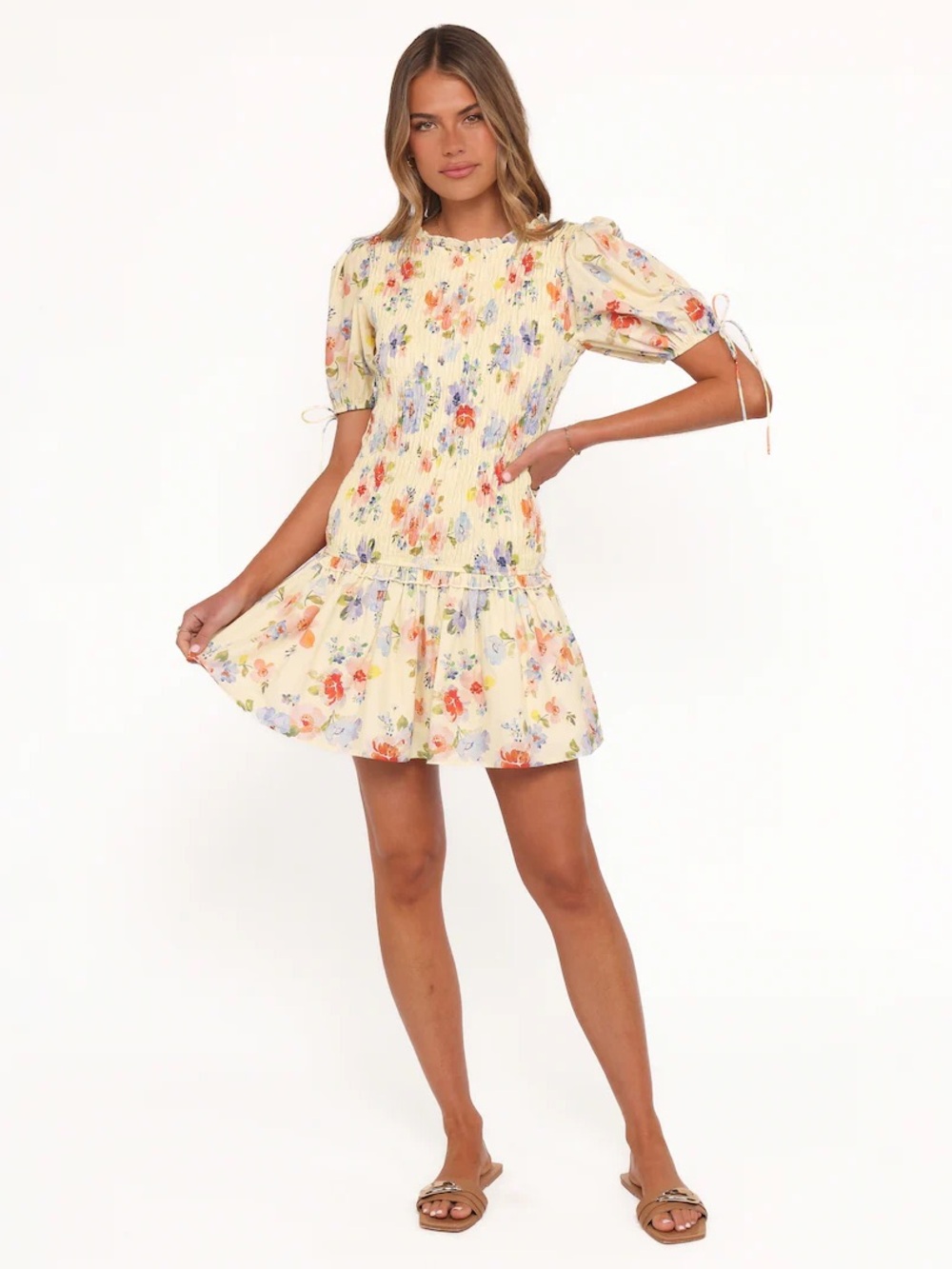 Petal & Pup Yellow Floral Smocked Puff-Sleeve Mini Dress - Picture 2 of 5